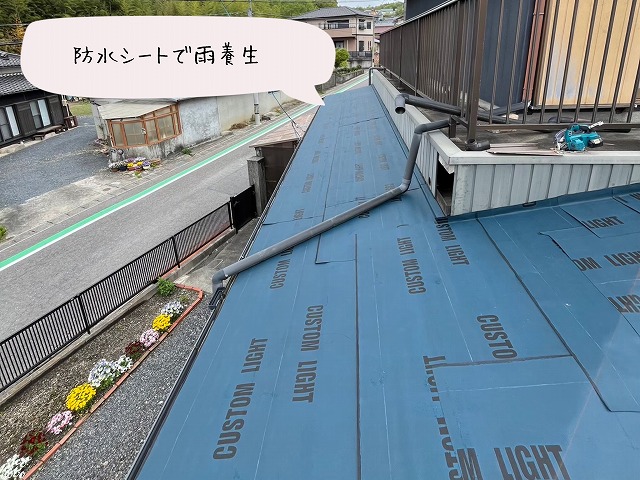 青い防水シートを屋根全面に張り終えた状態。雨養生としても機能している。