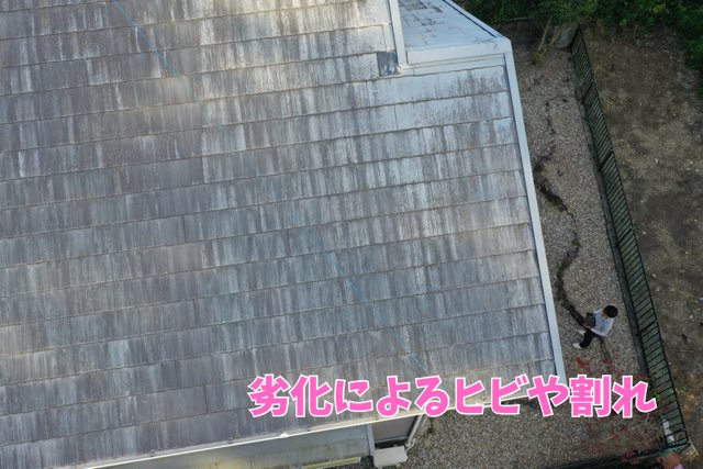 上空から見たスレート屋根の写真。屋根材に劣化による細かいヒビ割れが多数見られ、雨漏りのリスクが高まっている状態。