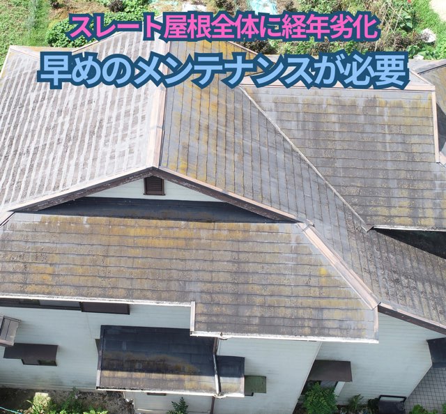 斜め上から撮影した北面の屋根。スレート屋根全体に経年劣化が進み、早めのメンテナンスが必要な状態。
