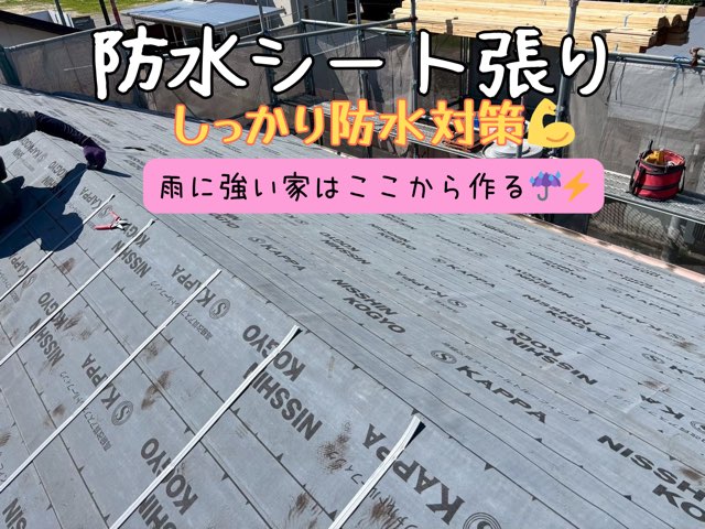 瀬戸市窯元町にて葺き替え工事の防水シートを新しく屋根一面に張っている様子。防水対策バッチリです！！