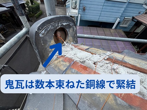 美濃加茂市加茂野町にて鬼瓦の固定作業の様子