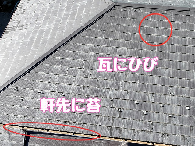 軒先の苔と複数箇所のひび割れ