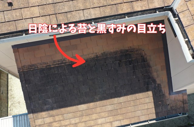 日陰部分に広がる黒ずみと苔汚れ