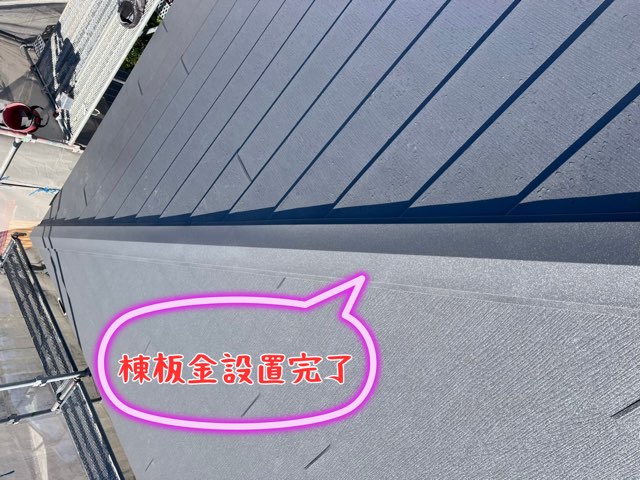 棟板金が一直線に納まり、固定ビスが整列している棟の仕上がり。