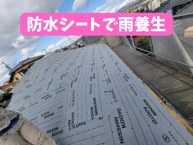 防水シートを張り終えた屋根。黒いルーフィングがぴったりと敷かれている