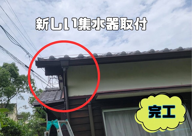新しい集水器と縦樋が取り付けられ、排水機能が回復した完工後の状態。