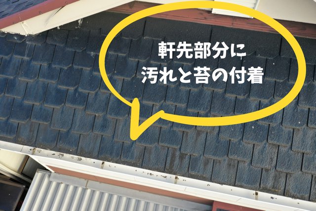 軒先部分に汚れと苔が付着している様子を撮影した写真。