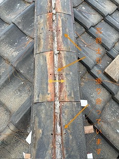 のし瓦を縛るホルマル銅線の使用例