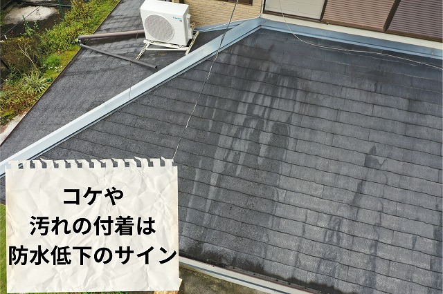 可児市中恵土の下屋スレート屋根にコケや黒ずみが見られる劣化状況