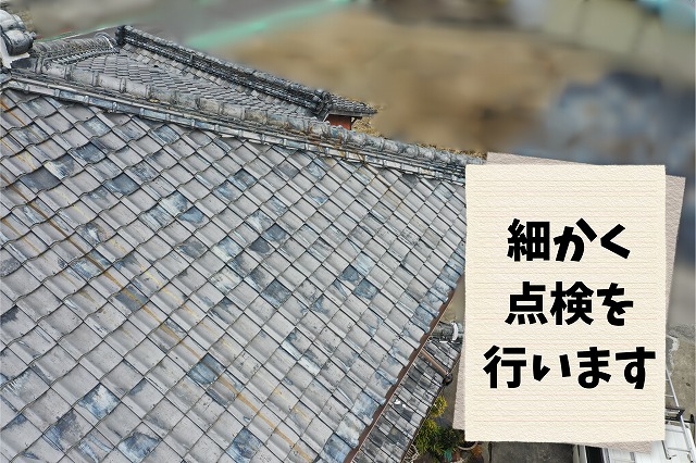 現地調査中の屋根全体と作業の様子