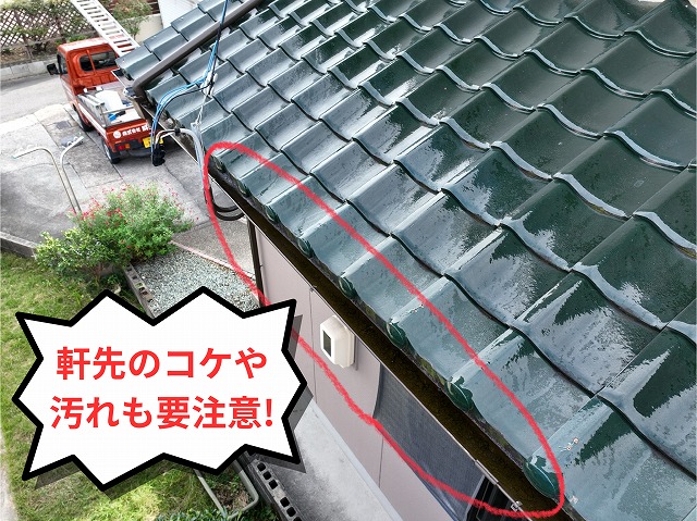 軒先にコケや汚れが付着している様子