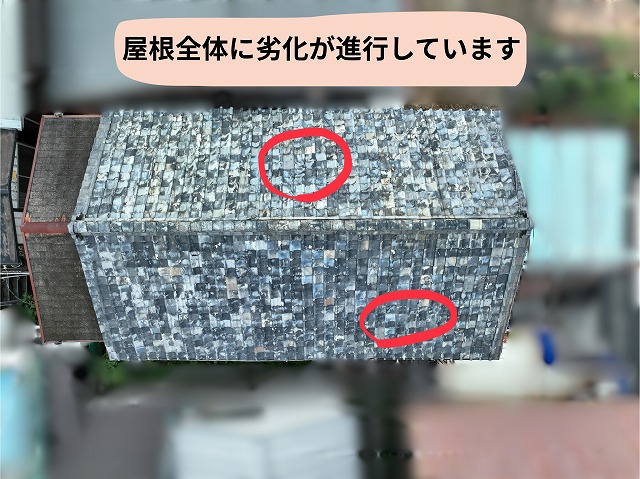可児市兼山の瓦屋根全体に劣化が広がり赤丸部分に著しい傷みが見られる様子
