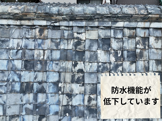 瓦屋根全体に色あせや防水性能の低下が見られる劣化状況