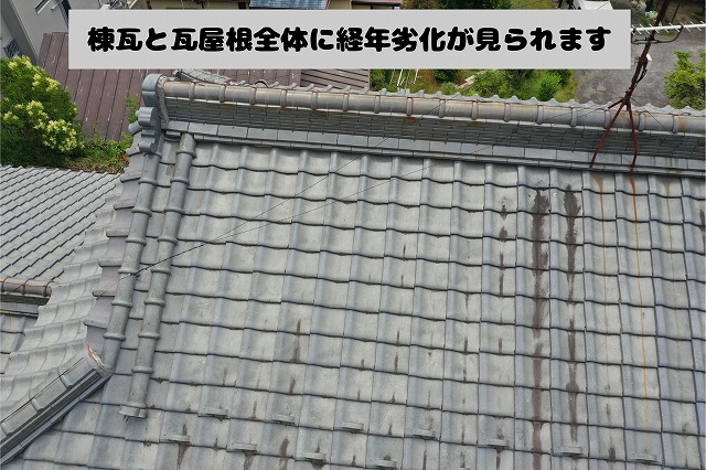 棟瓦と瓦屋根全体に経年劣化が見られる様子
