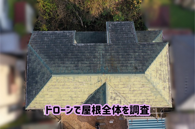 美濃加茂市のスレート屋根を上空から撮影し、複数の屋根面の色あせや白っぽい付着物を確認