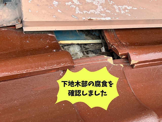 美濃加茂市の瓦屋根で破損した瓦の内部にある腐食した木部を確認した様子