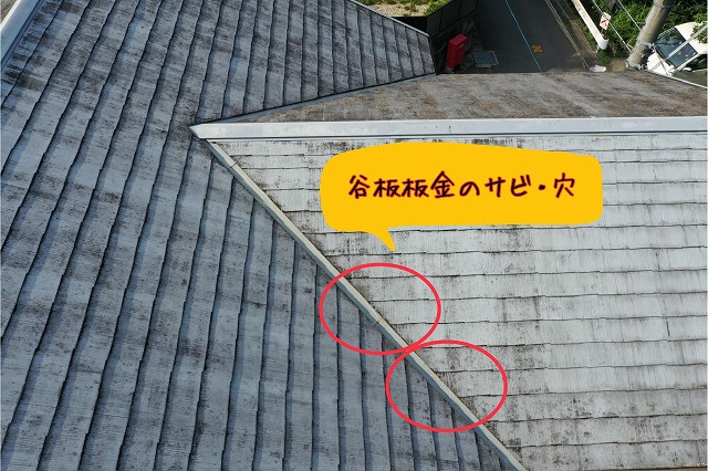 屋根の谷部（雨水が集中しやすい部分）を撮影。複数の赤丸で示された箇所にスレートの劣化が進行しており、雨漏りのリスクが非常に高い状態。