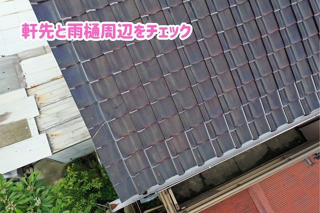 美濃加茂市の瓦屋根の軒先と雨樋周辺を調査