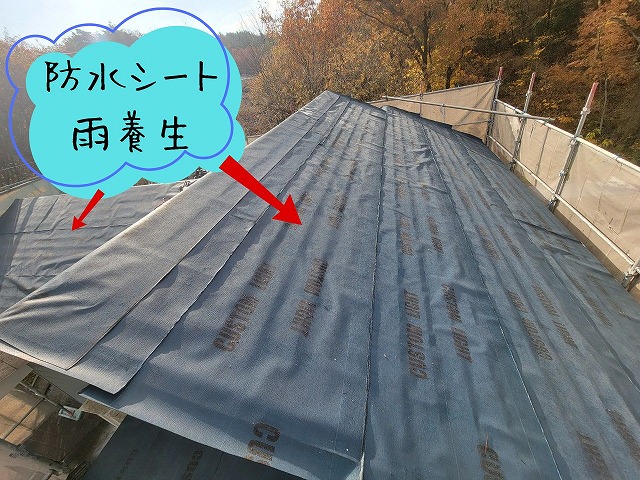  既存屋根の上に敷かれた防水シート（ルーフィング）。雨水の浸入を防ぐため丁寧に重ね張りされた様子。