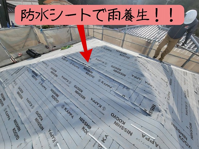 防水シートが全面に敷き詰められ、職人が確認作業をしている屋根上の様子