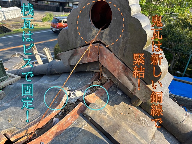 鬼瓦、桟瓦の固定
