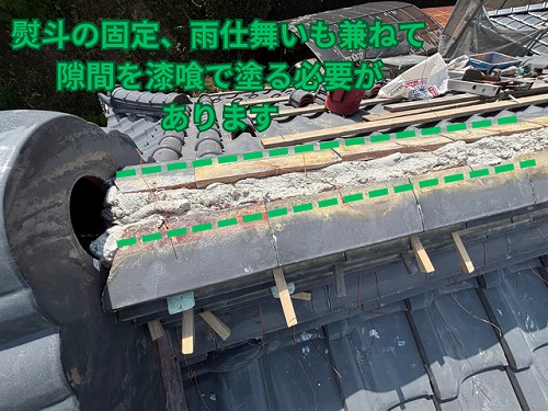 多治見市京町にて割り熨斗の上に南蛮漆喰を施工する様子