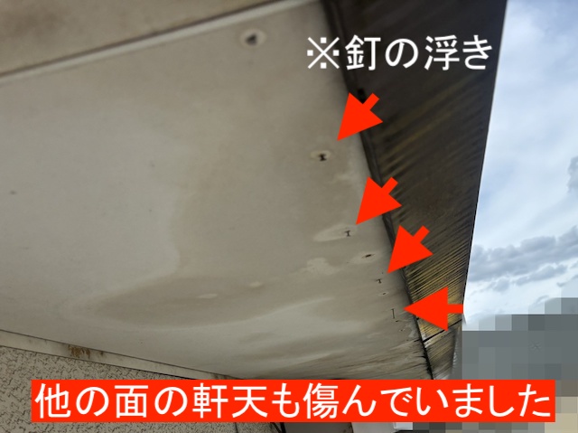 脱落箇所以外の軒天も釘浮きが多数