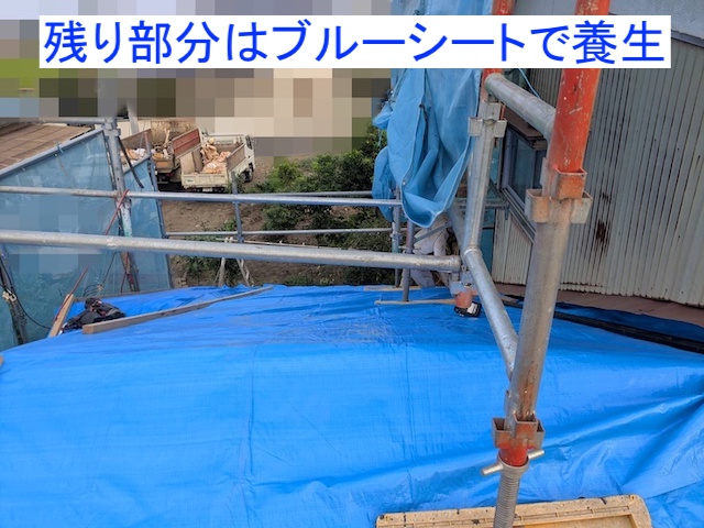 防水紙の敷設が終了したところで残りの部分はブルーシートで養生