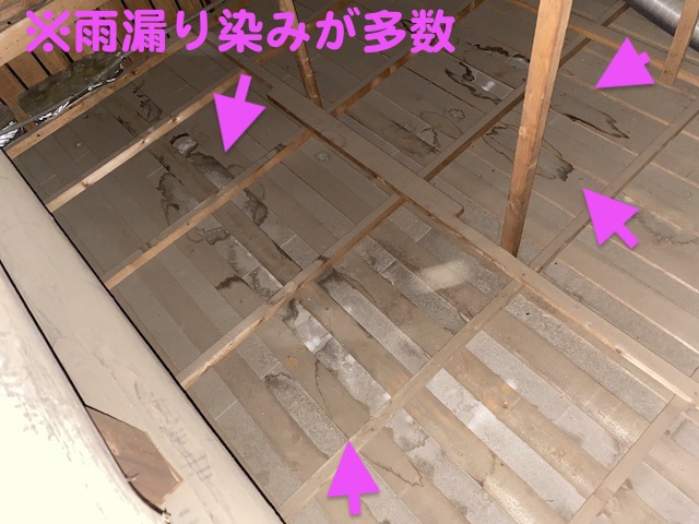 瓦屋根住宅の天井裏で雨漏り染みを多数発見