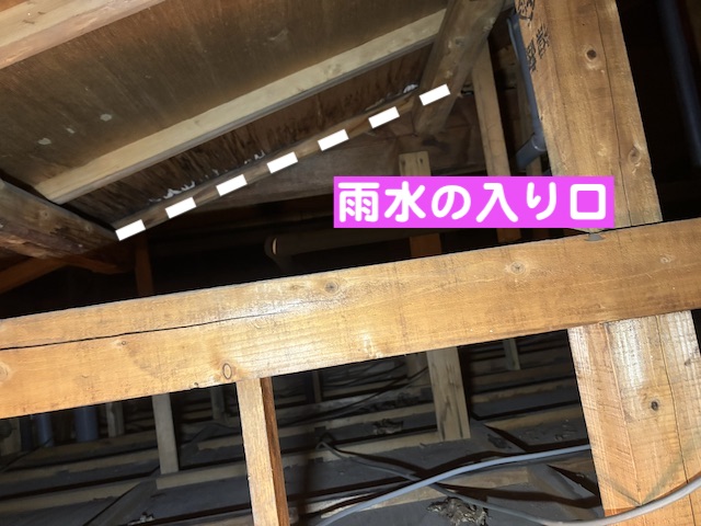 小山市　洗面所天井で雨漏り　天井裏の雨漏り痕跡の写真