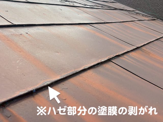 真岡市　築50年の横葺きトタン屋根を雨漏り調査　表面のサビの写真