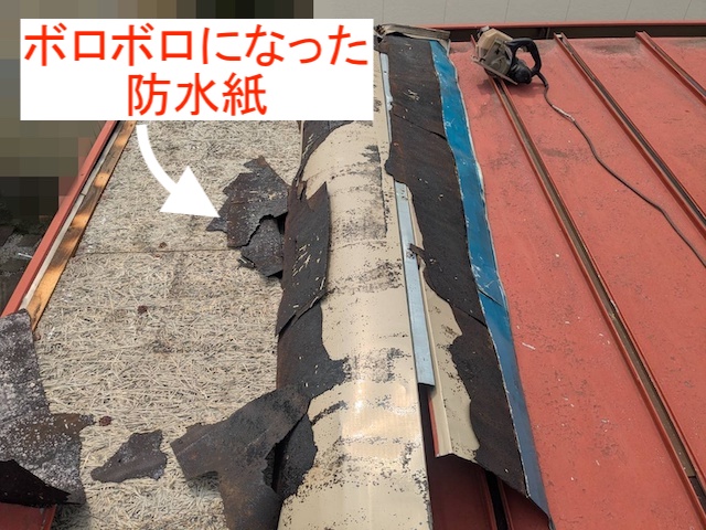 経年した瓦棒屋根を捲るとボロボロになった防水紙が現れた