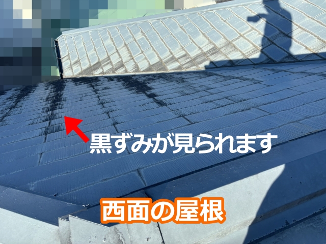 日当たりの悪い西面の屋根は黒ずみが見られる