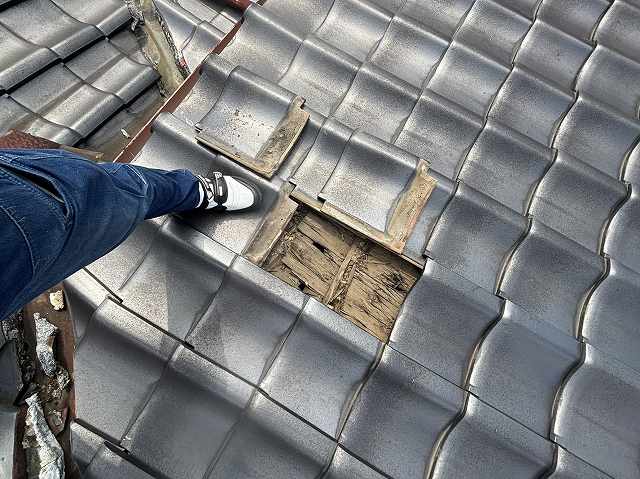 瓦を捲ると杉皮に穴があいているのが確認できた