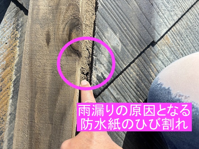 雨漏りの原因となり得る防水紙のひび割れ