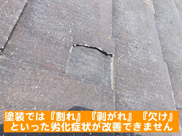 小山市　スレート屋根調査　コロニアルネオの欠けやひび割れの写真