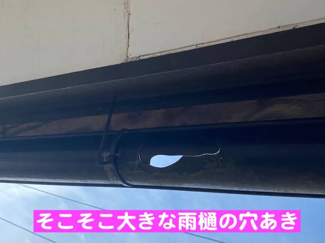下野市　雨樋・軒天・破風板の傷み　雨樋の穴あきの剥がれの写真