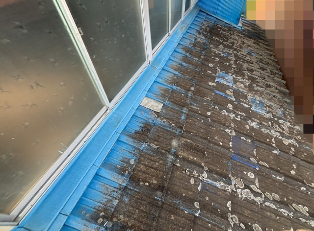 塗膜が剥がれた差し掛け屋根