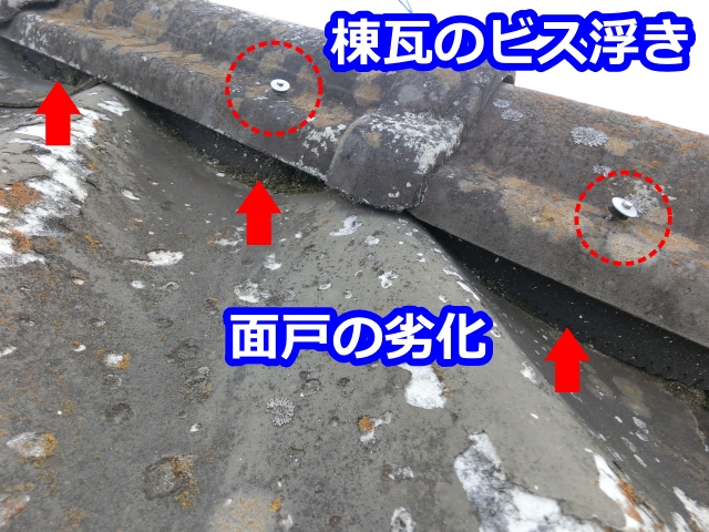 棟瓦のビス浮きと面戸の劣化