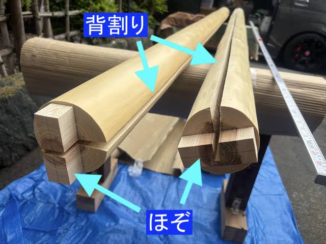 背割りやホゾ加工を施してある杉の磨き柱