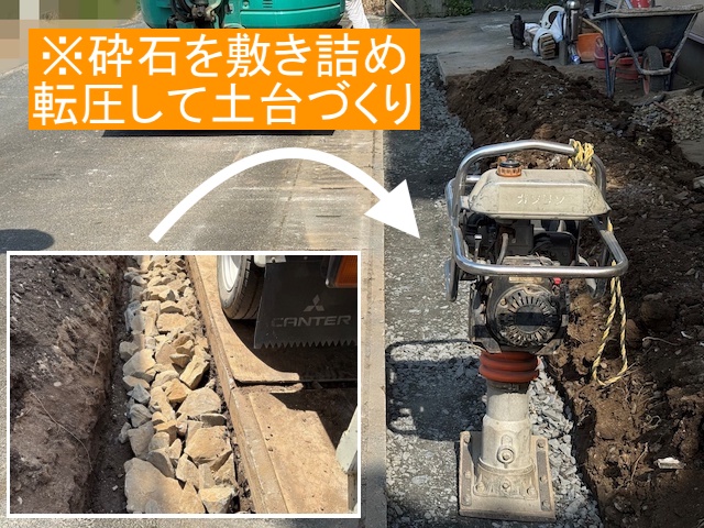 基礎部の採石投入後の転圧