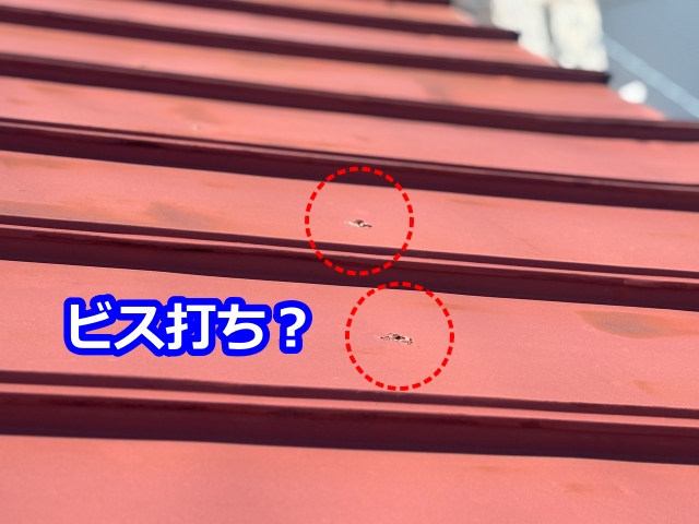 ビス打ちされたトタン製タテ葺き屋根