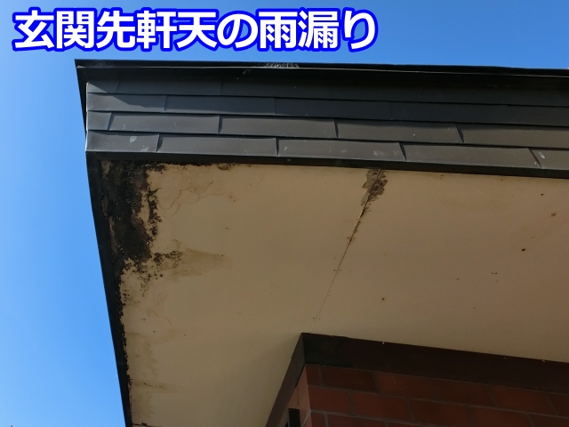 玄関上の軒天に広がった黒い雨染み。長期間の漏水で変色しています