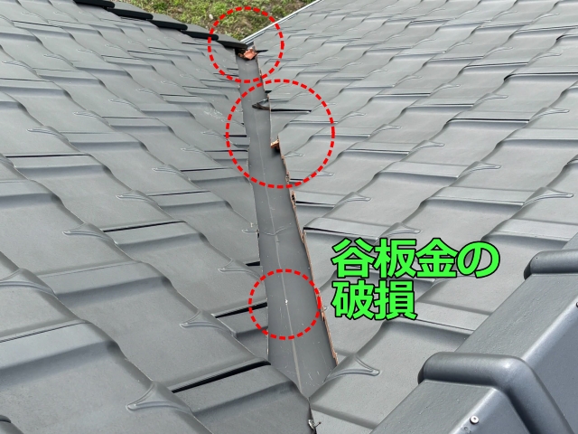 谷板金にはみ出した割れ瓦