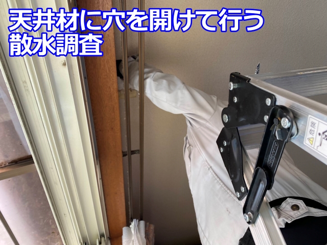調査準備の様子。天井に開口する位置に脚立をたてる
