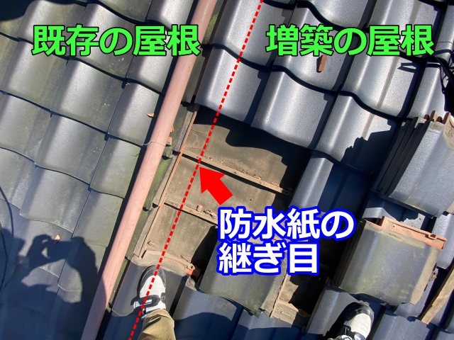 赤いラインが既存の建物と増築部の接続部