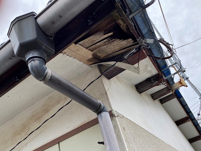 破損した屋根の下の板（軒天）