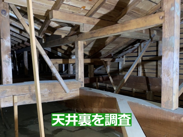 天井裏へ入り内部の状況を確認します
