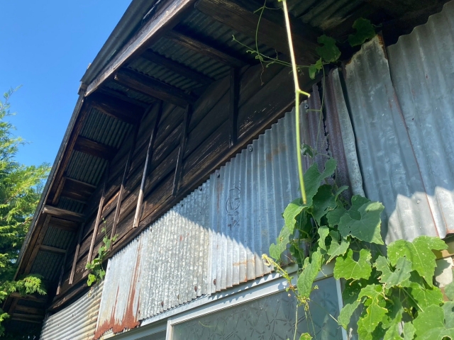 サビで赤茶色になった波トタンは、元々はこんな色をしていたようです