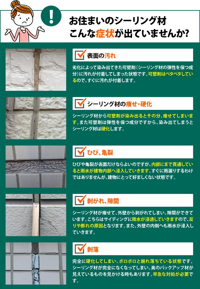 目地シーリングの劣化症状を複数解説